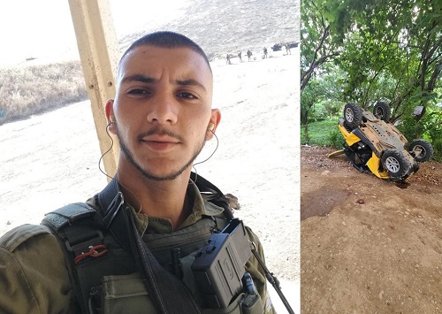 Left: Yosef Levy as solider, Right: The overturned vehicle at the scene of the accident