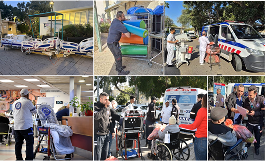 קולאז' פינוי מטופלים מרעות תל אביב למרחב מוגן בשיבא