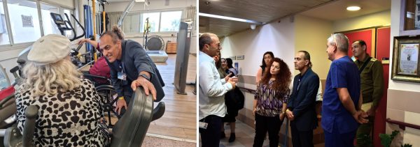 בתמונה מימין: רוני גמזו והנהלת רעות בסיור במחלקת שיקום. בתמונה משמאל: רוני גמזו ומטופלת