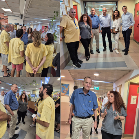 ראש עיריית תל אביב רון חולדאי בביקור בבית החולים השיקומי רעות תל אביב במהלך מלחמת עם כלביא, יוני 2025. בתמונה מימין למעלה: עידו שריר, מנכ"ל עמותת רעות (ראשון מימין) , ד"ר הילה אורן, מנכ"לית קרן תל אביב, פרופ' נחמן אש יו"ר עמותת רעות, רון חולדאי, ד"ר אורית שטיין רייזנר מנהלת בית החולים רעות תל אביב, עודד קורן מנהל אדמיניסטרטיבי של בית החולים. 